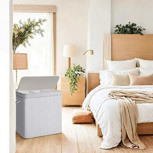 Bamboo Laundry Basket with Lid and Handles Removable Machine Washable Liner by Songmics
