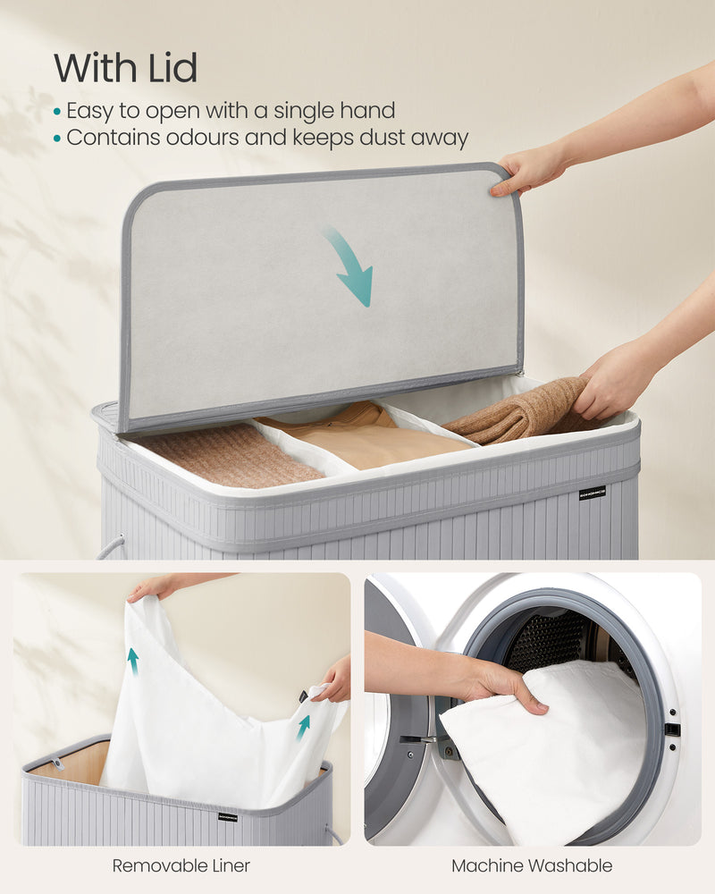 Dove Grey Bamboo Laundry Basket with Lid Lightweight and Breathable Storage by Songmics