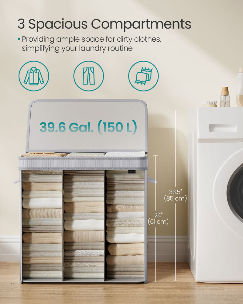 Dove Grey Bamboo Laundry Basket with Lid Lightweight and Breathable Storage by Songmics