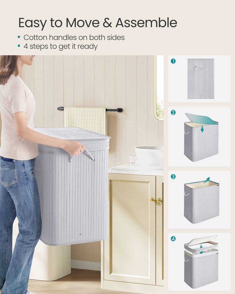 Dove Grey Bamboo Laundry Basket with Lid Lightweight and Breathable Storage by Songmics