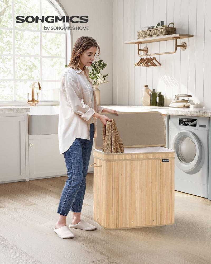 Natural Beige Laundry Hamper with Lid and Handles for Bedroom or Bathroom by Songmics