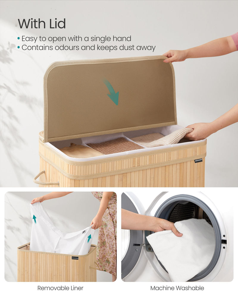 Natural Beige Laundry Hamper with Lid and Handles for Bedroom or Bathroom by Songmics