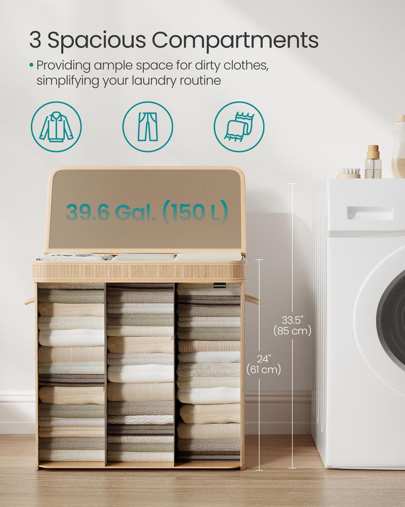 Natural Beige Laundry Hamper with Lid and Handles for Bedroom or Bathroom by Songmics