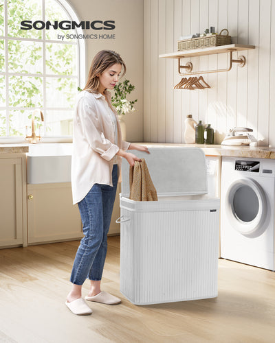 150L Bamboo Laundry Basket with Handles in Cloud White for Bathroom or Bedroom by Songmics