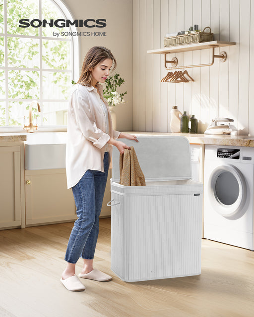 150L Bamboo Laundry Basket with Handles in Cloud White for Bathroom or Bedroom by Songmics