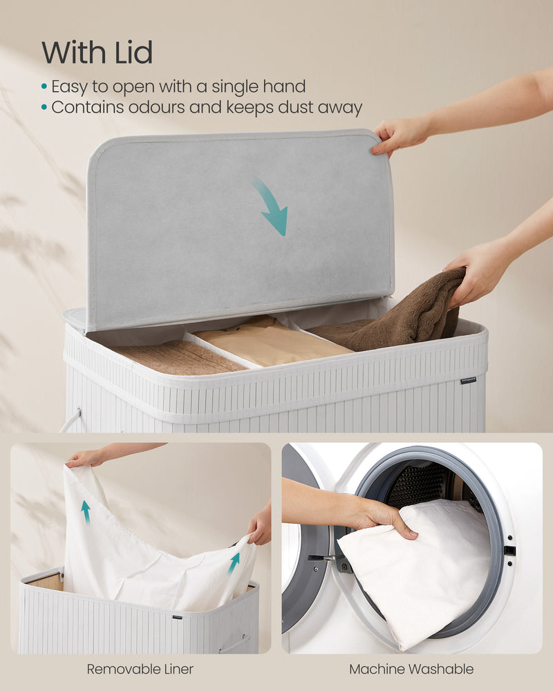 150L Bamboo Laundry Basket with Handles in Cloud White for Bathroom or Bedroom by Songmics
