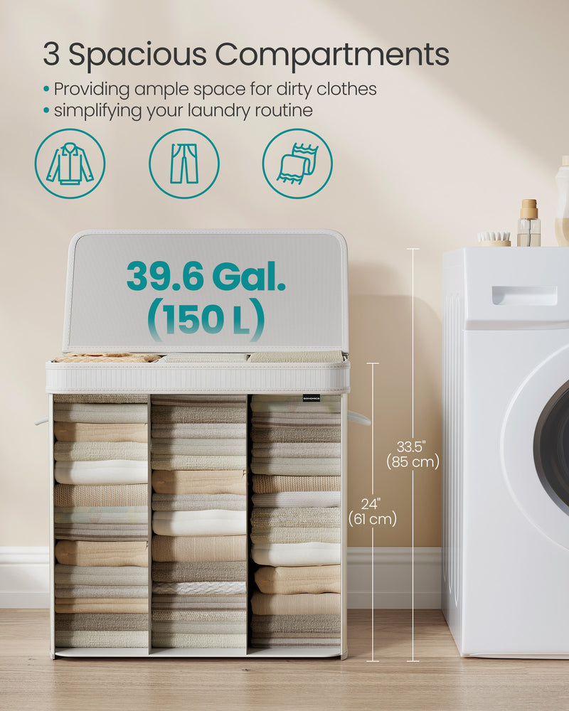 150L Bamboo Laundry Basket with Handles in Cloud White for Bathroom or Bedroom by Songmics