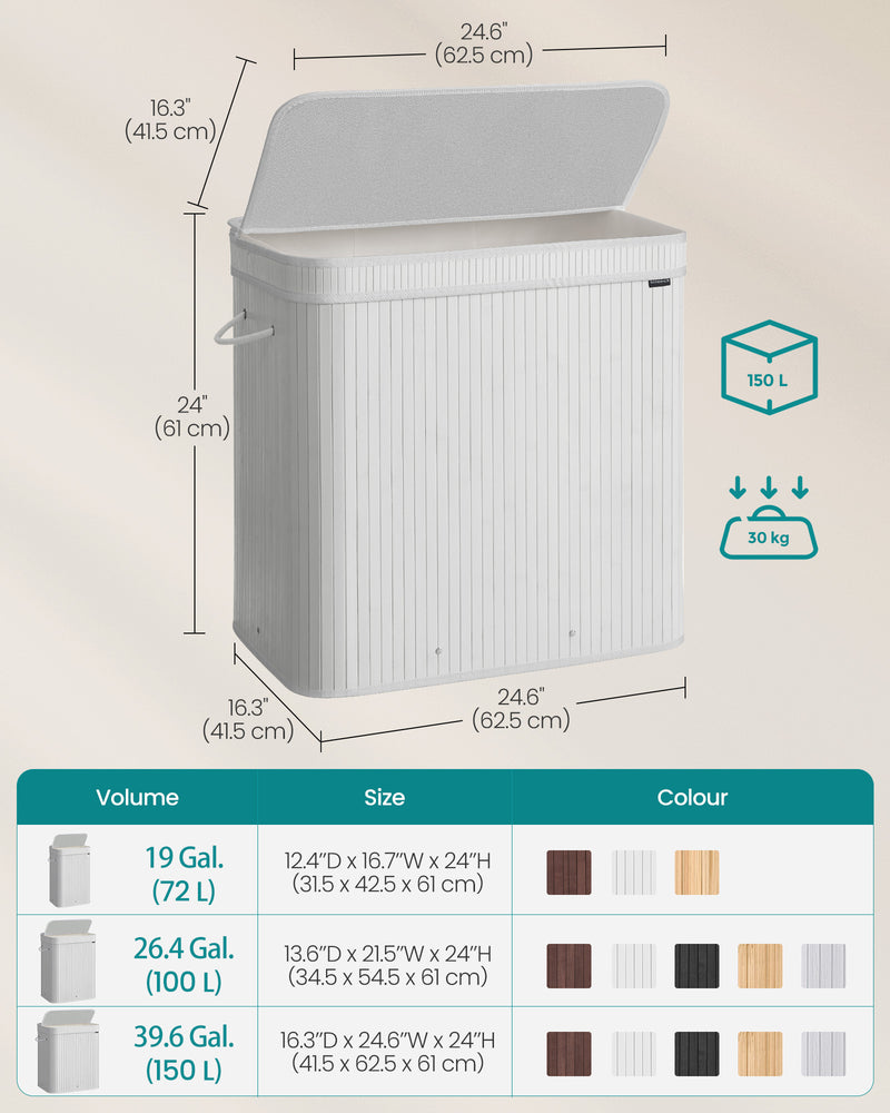 150L Bamboo Laundry Basket with Handles in Cloud White for Bathroom or Bedroom by Songmics