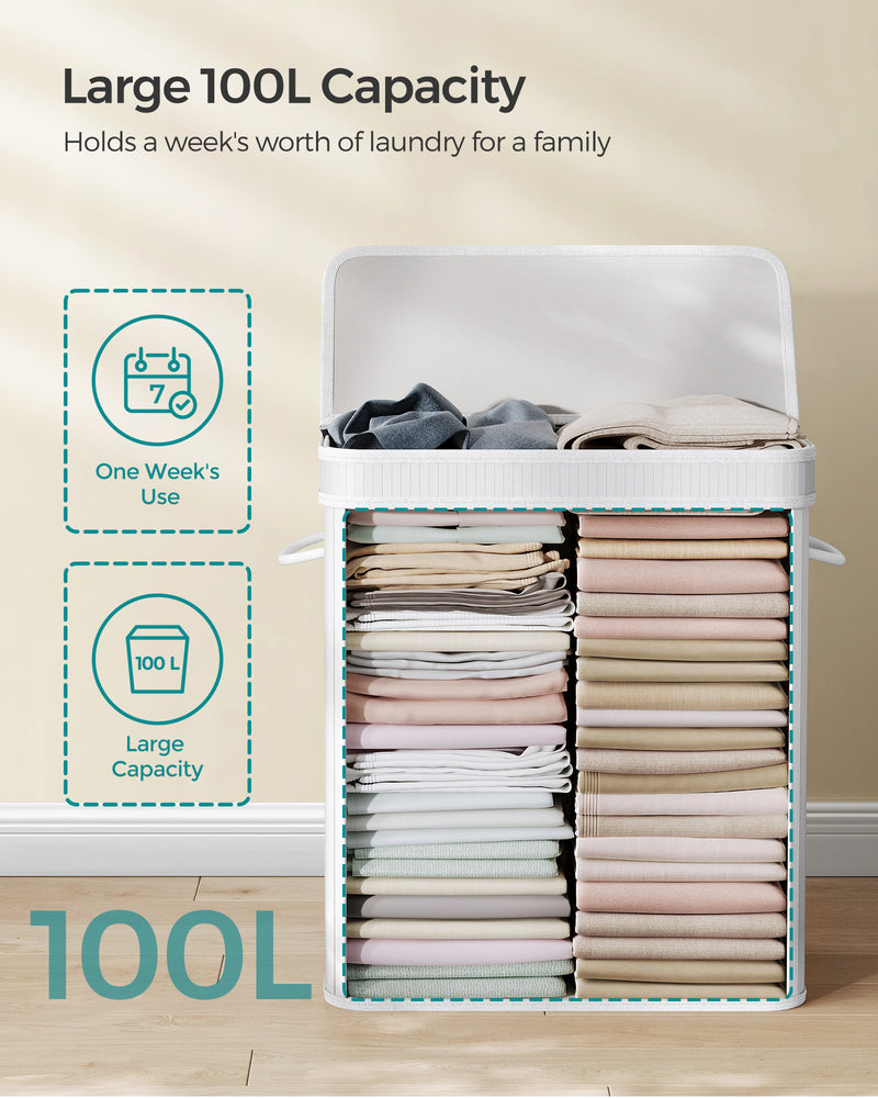 100L White Laundry Hamper with Lid and Handles for Bedroom or Bathroom by Songmics