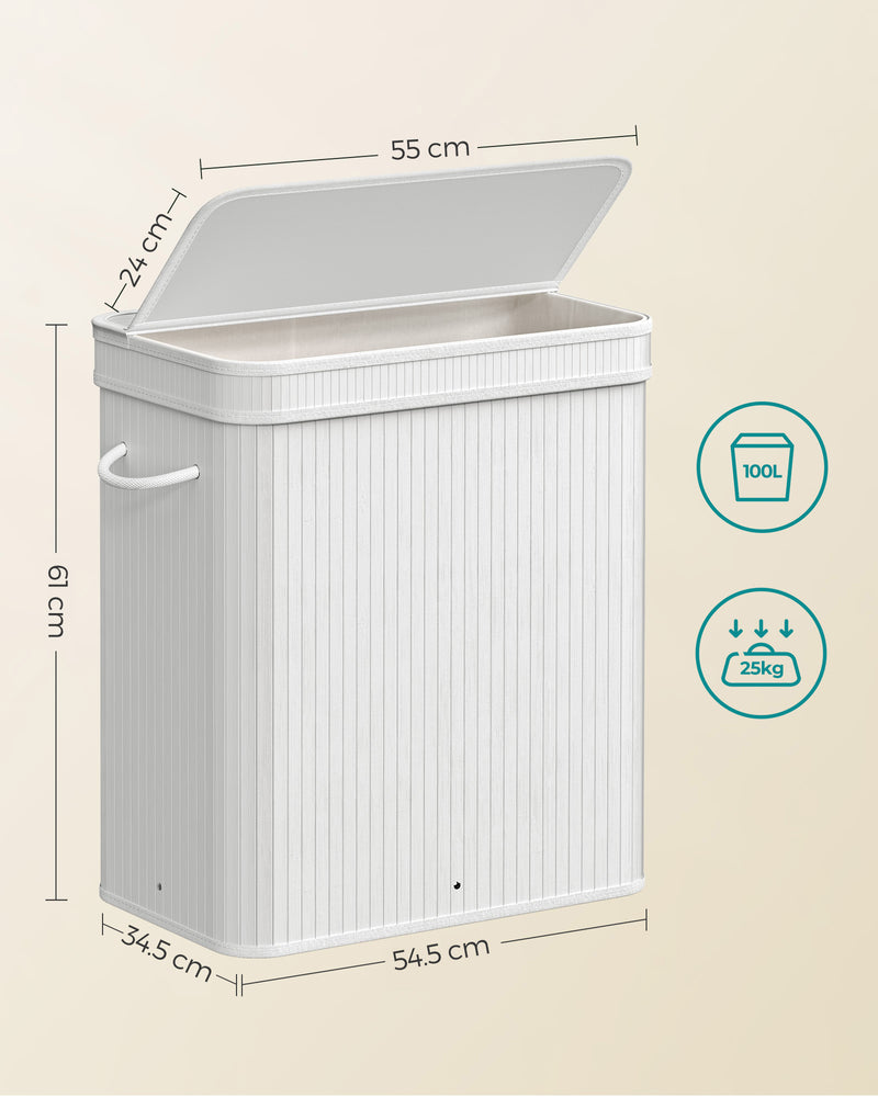 100L White Laundry Hamper with Lid and Handles for Bedroom or Bathroom by Songmics
