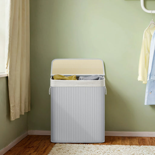 Bamboo Laundry Basket with Two Sorting Compartments and Removable Liner by Songmics
