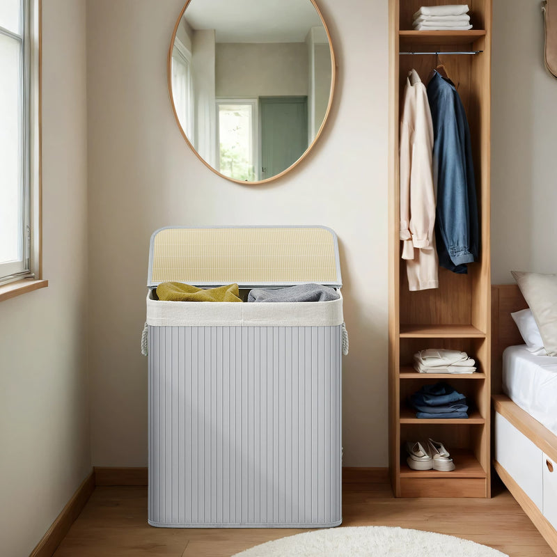 Bamboo Laundry Basket with Two Sorting Compartments and Removable Liner by Songmics