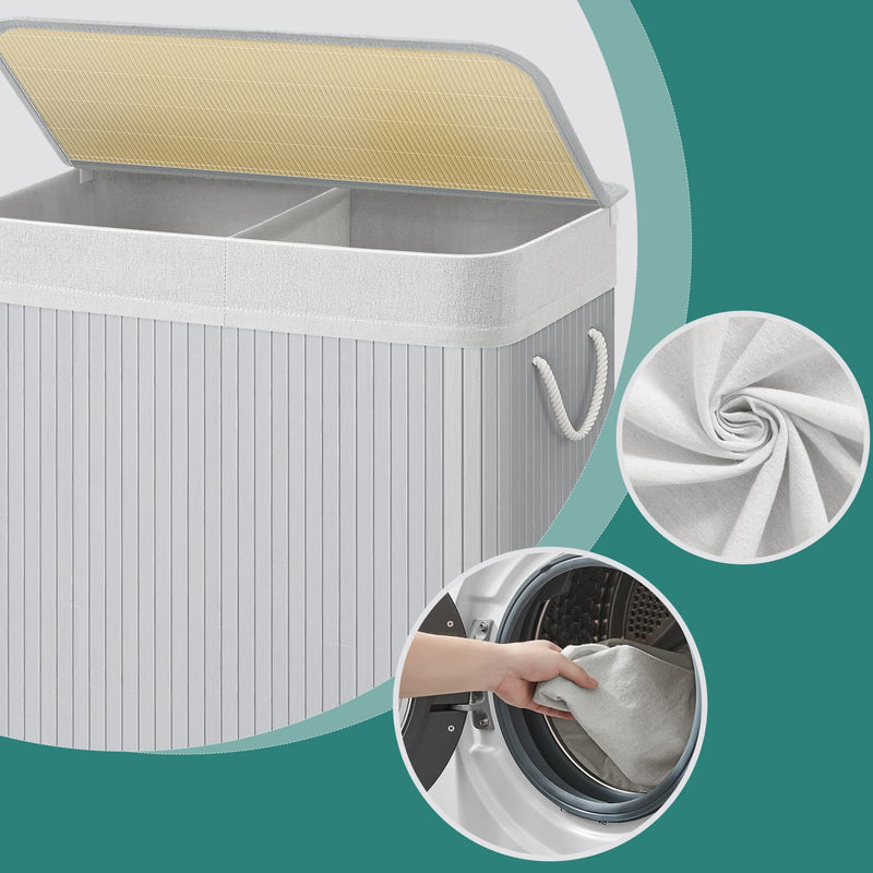 Bamboo Laundry Basket with Two Sorting Compartments and Removable Liner by Songmics