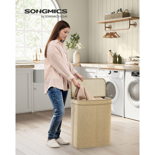 90L Bamboo Laundry Basket with Lid and Handles for Clothes Storage Natural by Songmics
