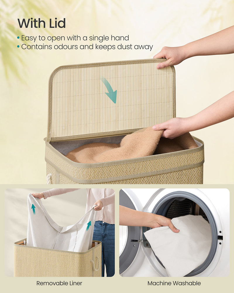 90L Bamboo Laundry Basket with Lid and Handles for Clothes Storage Natural by Songmics