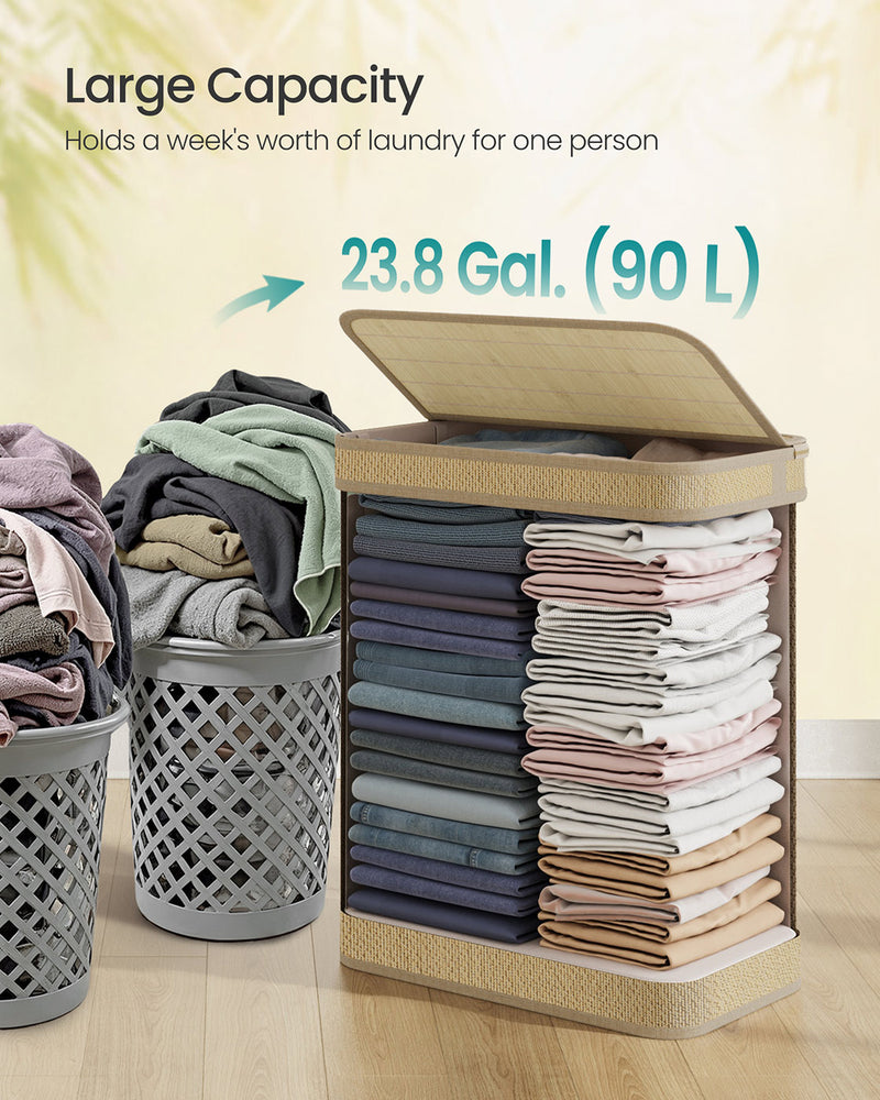90L Bamboo Laundry Basket with Lid and Handles for Clothes Storage Natural by Songmics
