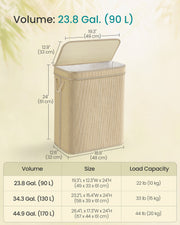 90L Bamboo Laundry Basket with Lid and Handles for Clothes Storage Natural by Songmics