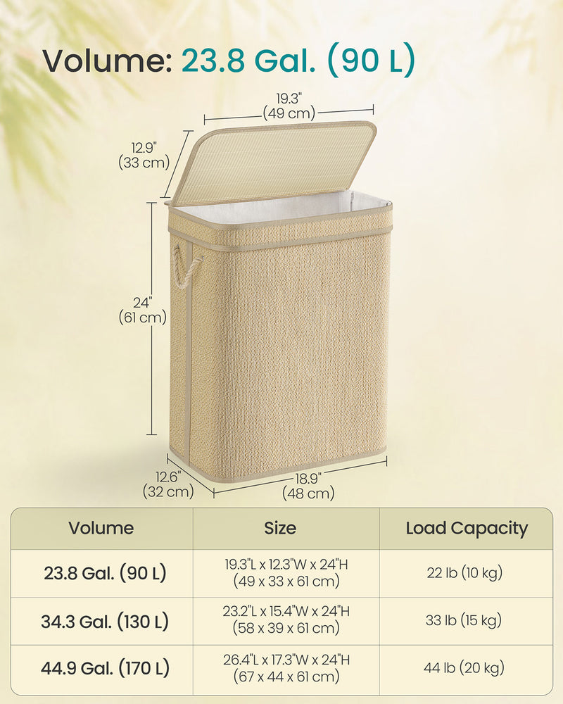 90L Bamboo Laundry Basket with Lid and Handles for Clothes Storage Natural by Songmics