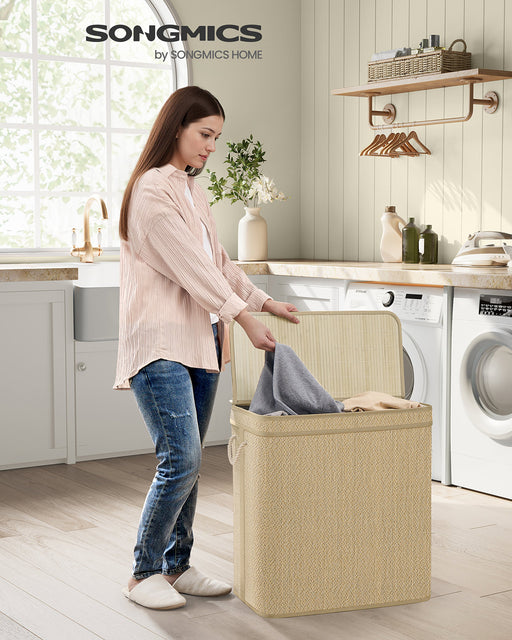 130L Bamboo Laundry Basket with Lid and Handles Natural Clothes Organiser by Songmics