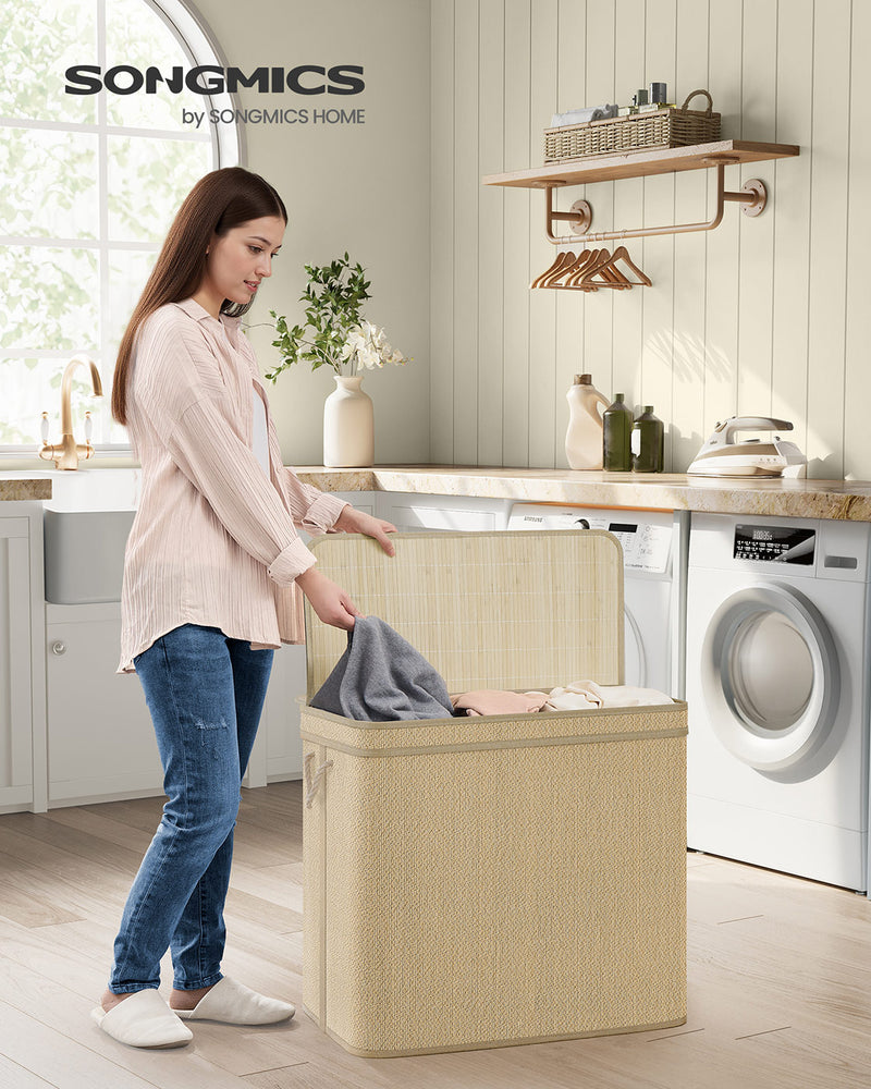 Large Bamboo Laundry Basket 170L with Lid and Handles in Natural Finish by Songmics