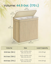 Large Bamboo Laundry Basket 170L with Lid and Handles in Natural Finish by Songmics
