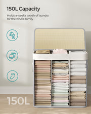 3 Section Laundry Hamper Basket with Removable Liners and Handles for Sorting by Songmics