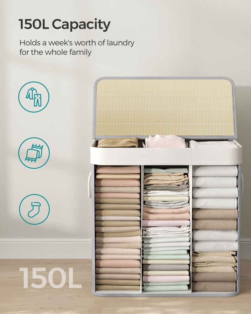 3 Section Laundry Hamper Basket with Removable Liners and Handles for Sorting by Songmics