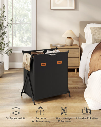 115L Dual Section Laundry Hamper with Foldable X Frame in Black by Songmics