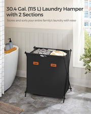 115L Dual Section Laundry Hamper with Foldable X Frame in Black by Songmics