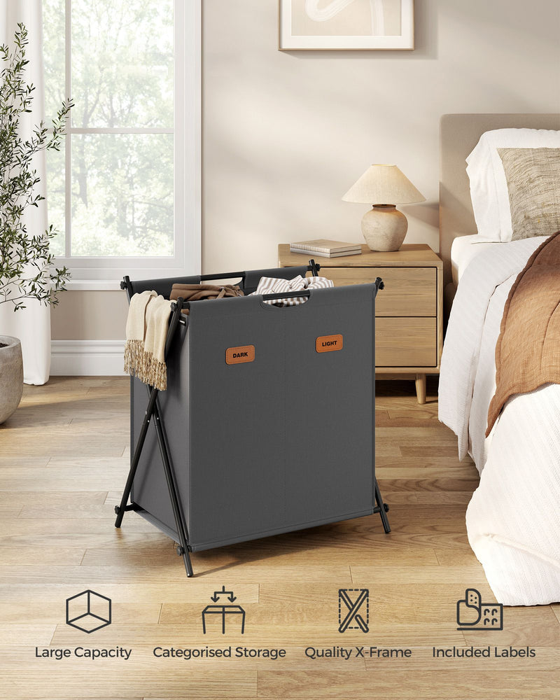 115 L Slate Grey Laundry Hamper with 2 Compartments and Foldable X Frame by Songmics