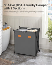 115 L Slate Grey Laundry Hamper with 2 Compartments and Foldable X Frame by Songmics