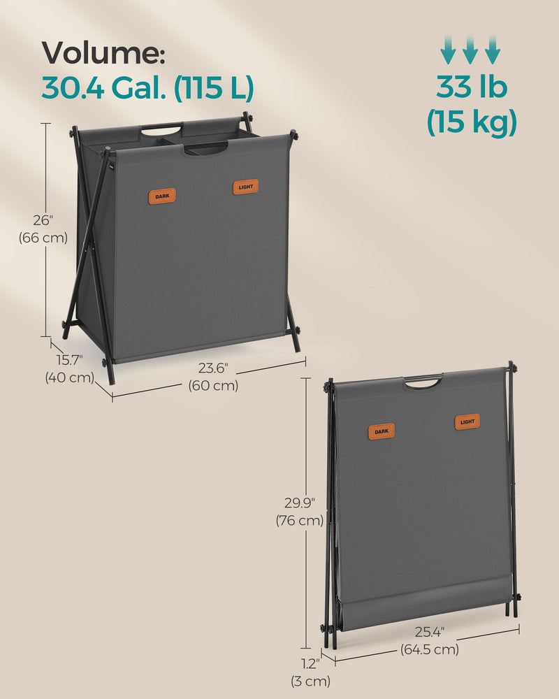 115 L Slate Grey Laundry Hamper with 2 Compartments and Foldable X Frame by Songmics