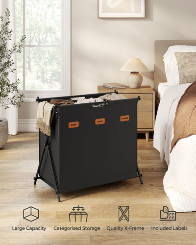 Large 135L Black Laundry Hamper with 3 Compartments and Foldable X Frame by Songmics