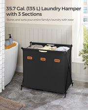 Large 135L Black Laundry Hamper with 3 Compartments and Foldable X Frame by Songmics