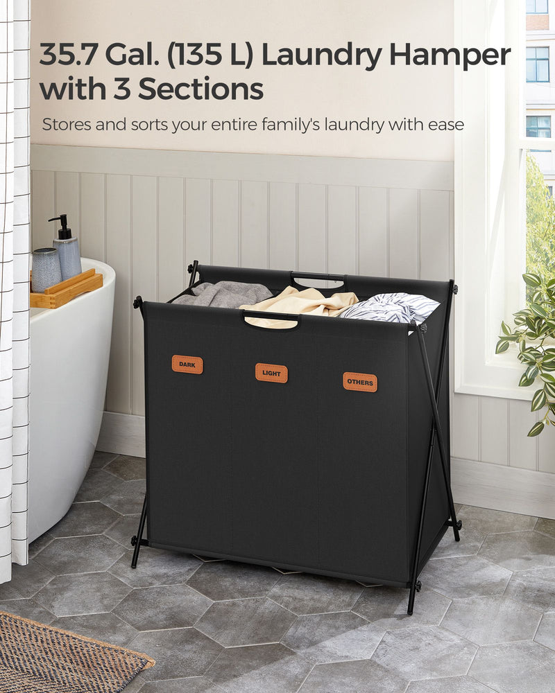 Large 135L Black Laundry Hamper with 3 Compartments and Foldable X Frame by Songmics