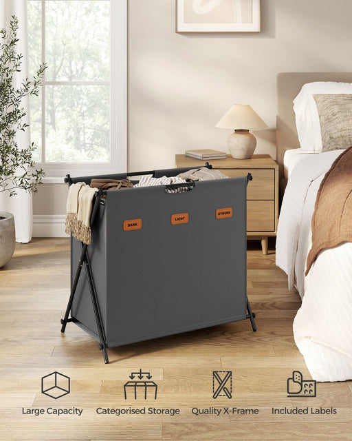 135L Slate Grey Laundry Hamper with 3 Compartments and Foldable X Frame by Songmics