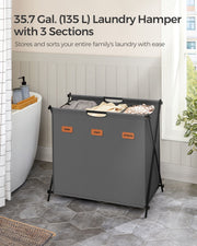 135L Slate Grey Laundry Hamper with 3 Compartments and Foldable X Frame by Songmics