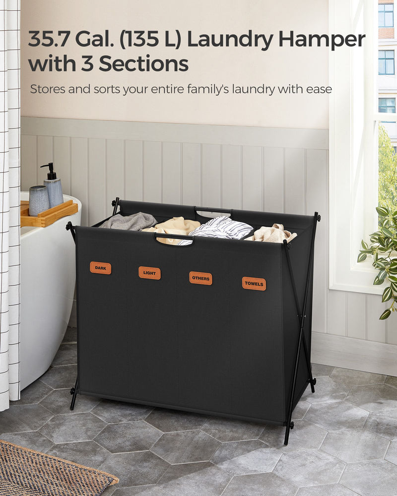 155L Black Laundry Hamper with 4 Sorting Sections and Foldable X Frame by Songmics