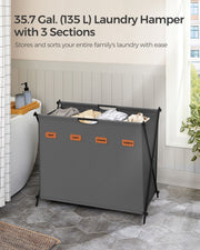 Large 155L Grey Laundry Hamper with 4 Compartments and Foldable X Frame by Songmics