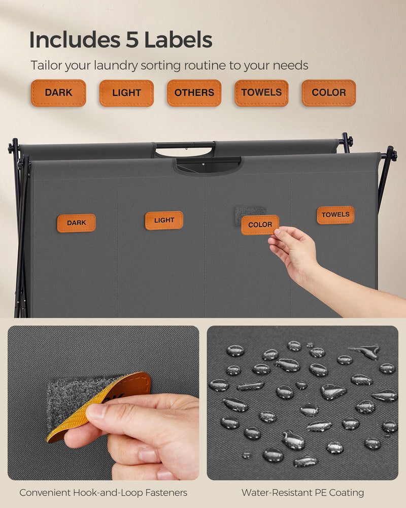 Large 155L Grey Laundry Hamper with 4 Compartments and Foldable X Frame by Songmics