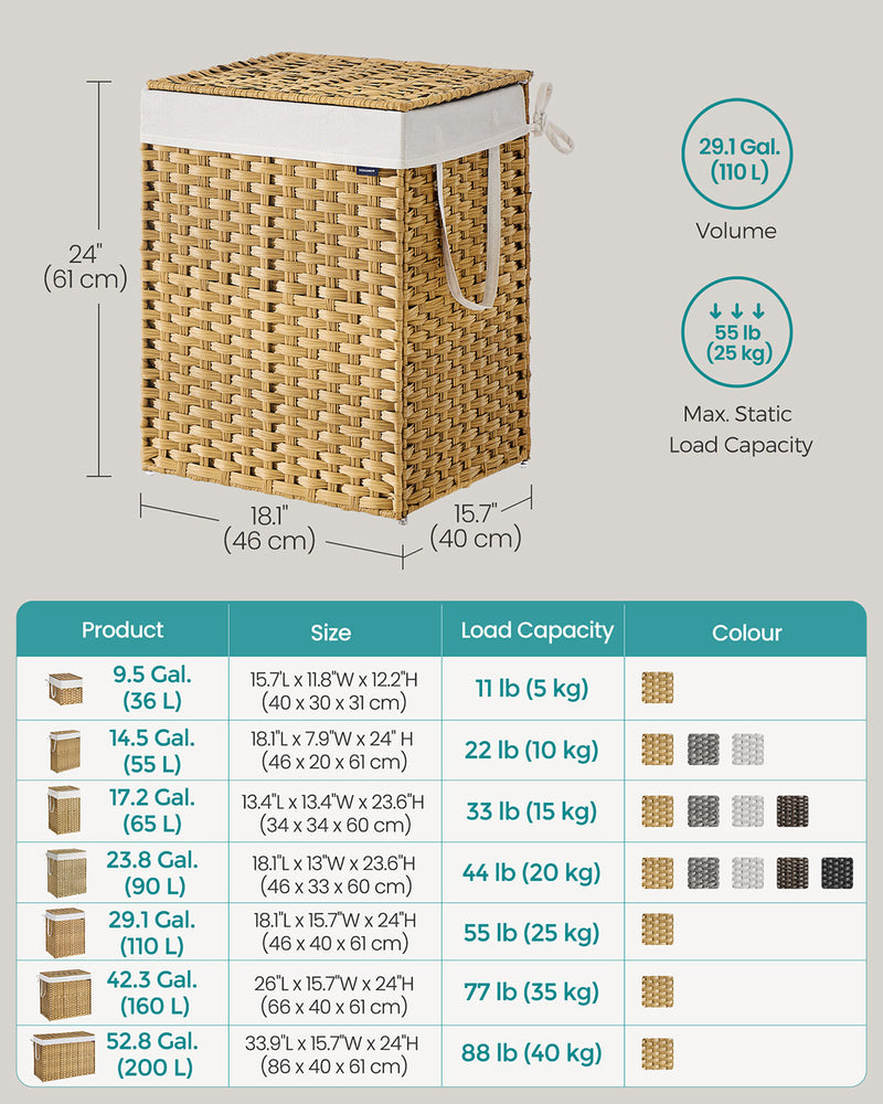 Large 110L Natural Rattan Laundry Basket with Lid and Handles for Bathroom Storage by Songmics