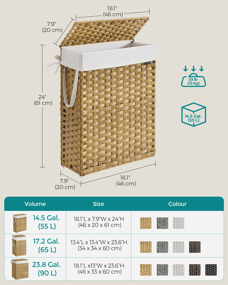 Slim 55L Laundry Basket with Lid and Handles in Goose Yellow for Easy Storage by Songmics