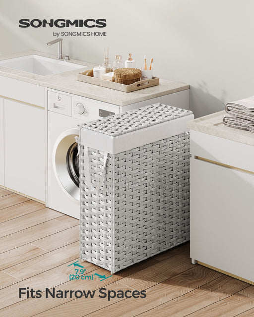 55L Slim Laundry Basket with Lid and Carry Handles in Cloud White by Songmics