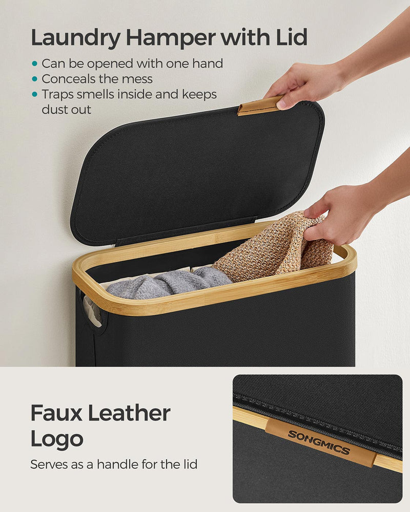 Ink Black Laundry Basket with Lid 65L Slim Space Saving Design 42 x 22.5 x 70.5 cm by Songmics