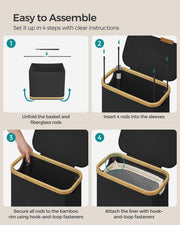 Ink Black Laundry Basket with Lid 65L Slim Space Saving Design 42 x 22.5 x 70.5 cm by Songmics