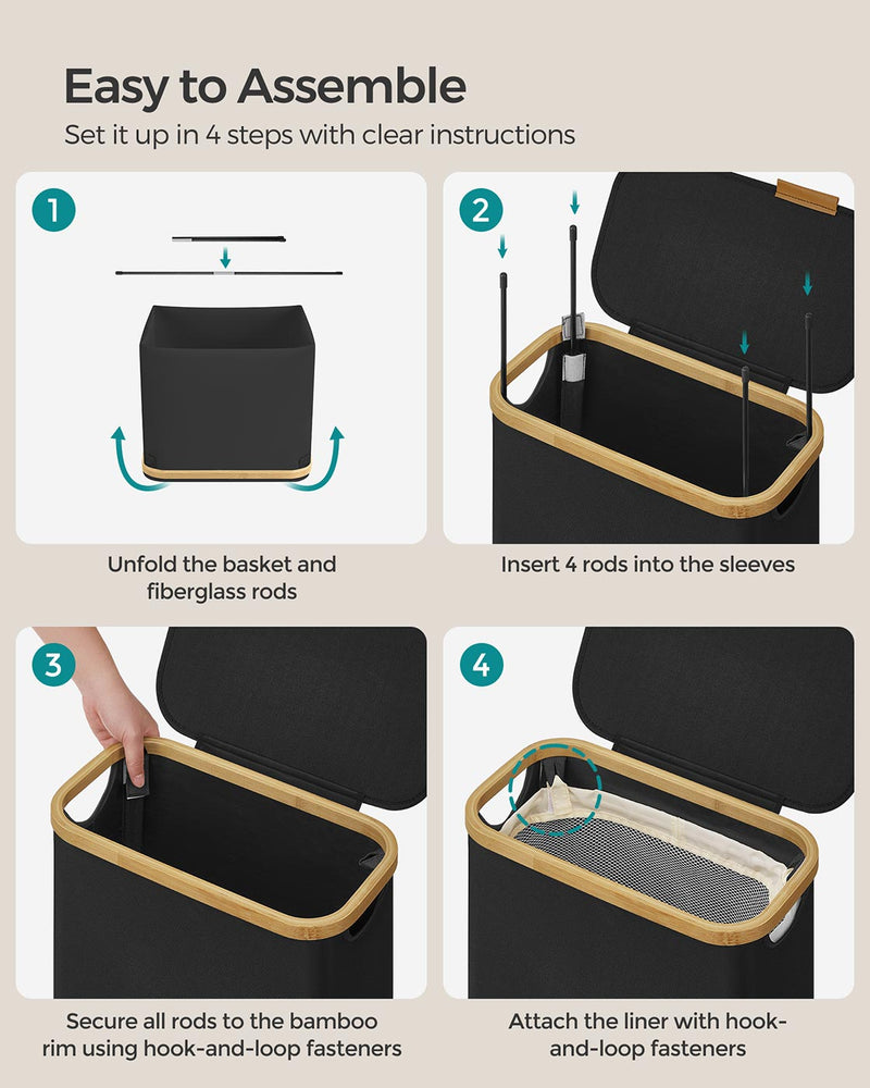 Ink Black Laundry Basket with Lid 65L Slim Space Saving Design 42 x 22.5 x 70.5 cm by Songmics