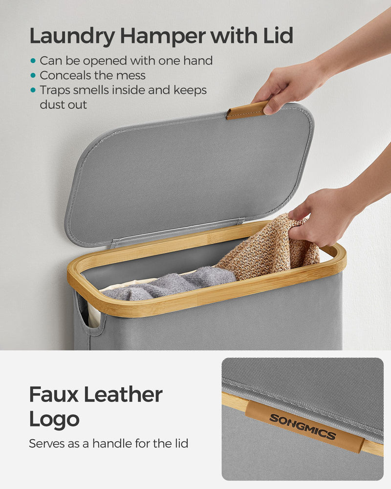 65L Dove Grey Laundry Basket with Lid Foldable and Spacious Storage by Songmics