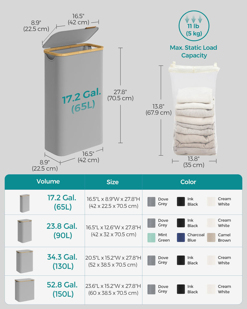 65L Dove Grey Laundry Basket with Lid Foldable and Spacious Storage by Songmics