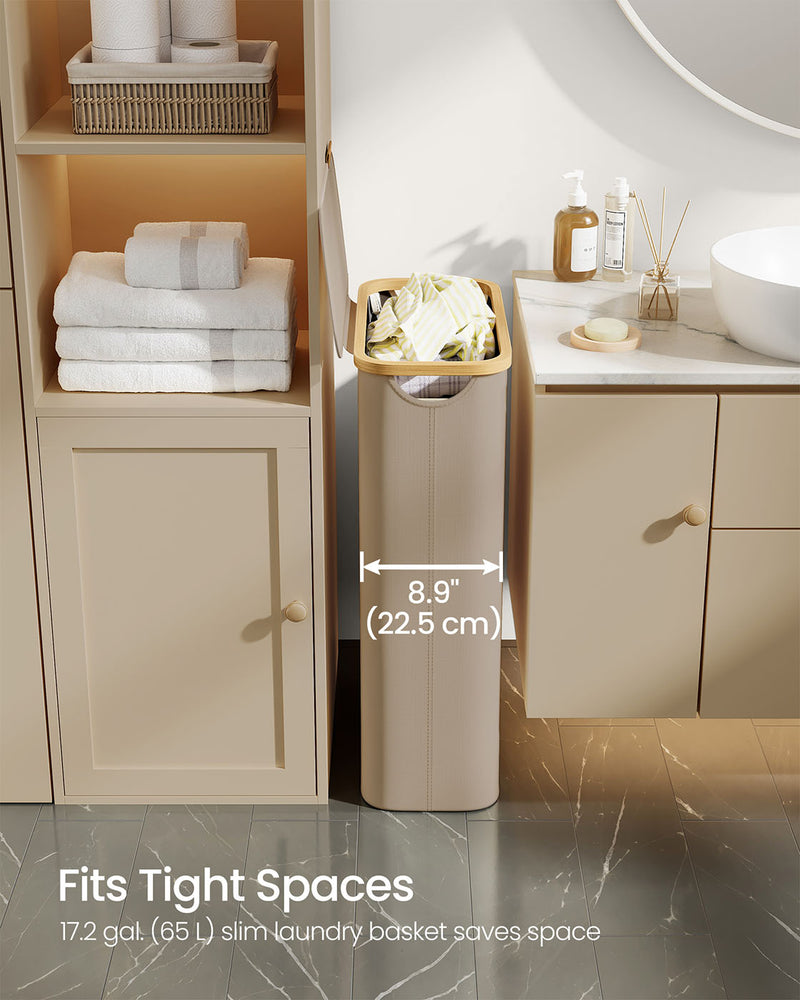 Camel Brown 65L Laundry Basket with Lid Space Saving Slim Design for Bathroom by Songmics