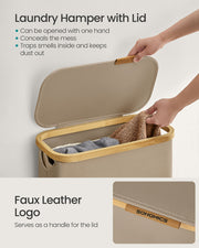 Camel Brown 65L Laundry Basket with Lid Space Saving Slim Design for Bathroom by Songmics